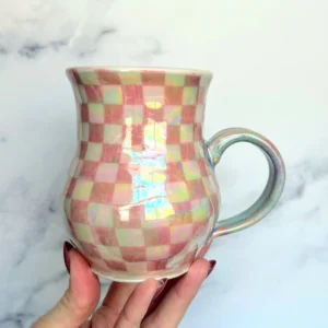Pink Checkered Mug, Iridescent Porcelain Mug, Pottery Mug